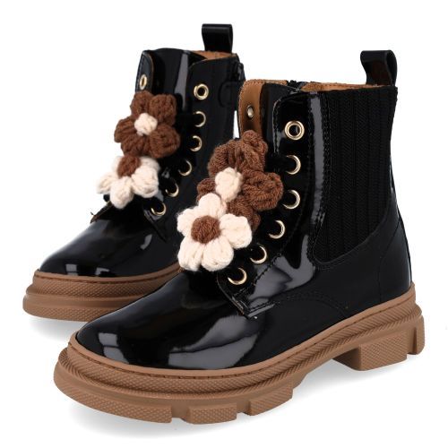 Zecchino d'oro veterboot Zwart Meisjes (Zwarte veterbottine met bloem - M00-6008) - Junior Steps