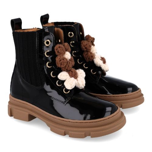 Zecchino d'oro veterboot Zwart Meisjes (Zwarte veterbottine met bloem - M00-6008) - Junior Steps