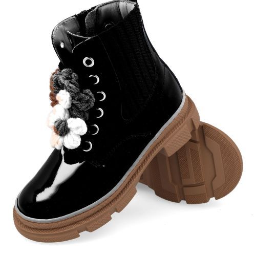 Zecchino d'oro veterboot Zwart Meisjes (Zwarte veterbottine met bloem - M00-6008) - Junior Steps