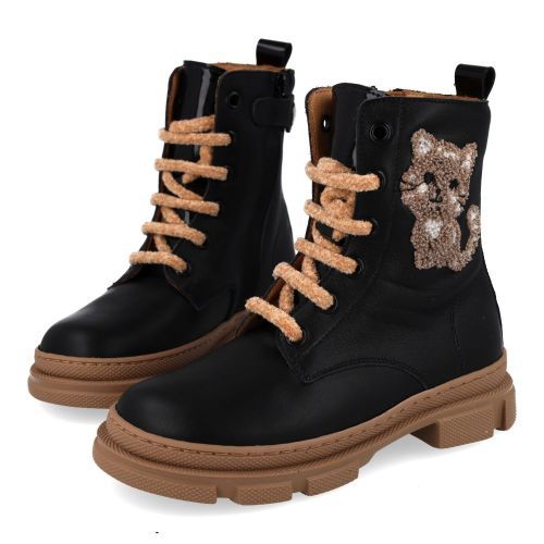 Zecchino d'oro veterboot Zwart Meisjes (Zwarte veterbottine met poes  - A00-007) - Junior Steps