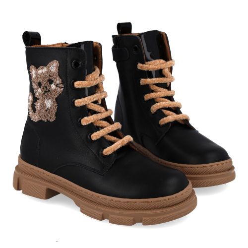 Zecchino d'oro veterboot Zwart Meisjes (Zwarte veterbottine met poes  - A00-007) - Junior Steps