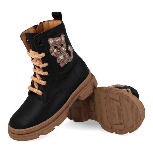 Zecchino d'oro veterboot Zwart Meisjes (Zwarte veterbottine met poes  - A00-007) - Junior Steps